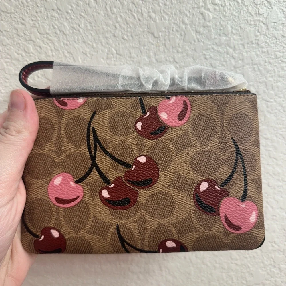 Coach Corner Zip Wristlet In Signature Canvas With Cherry Print - Picture 2 of 7